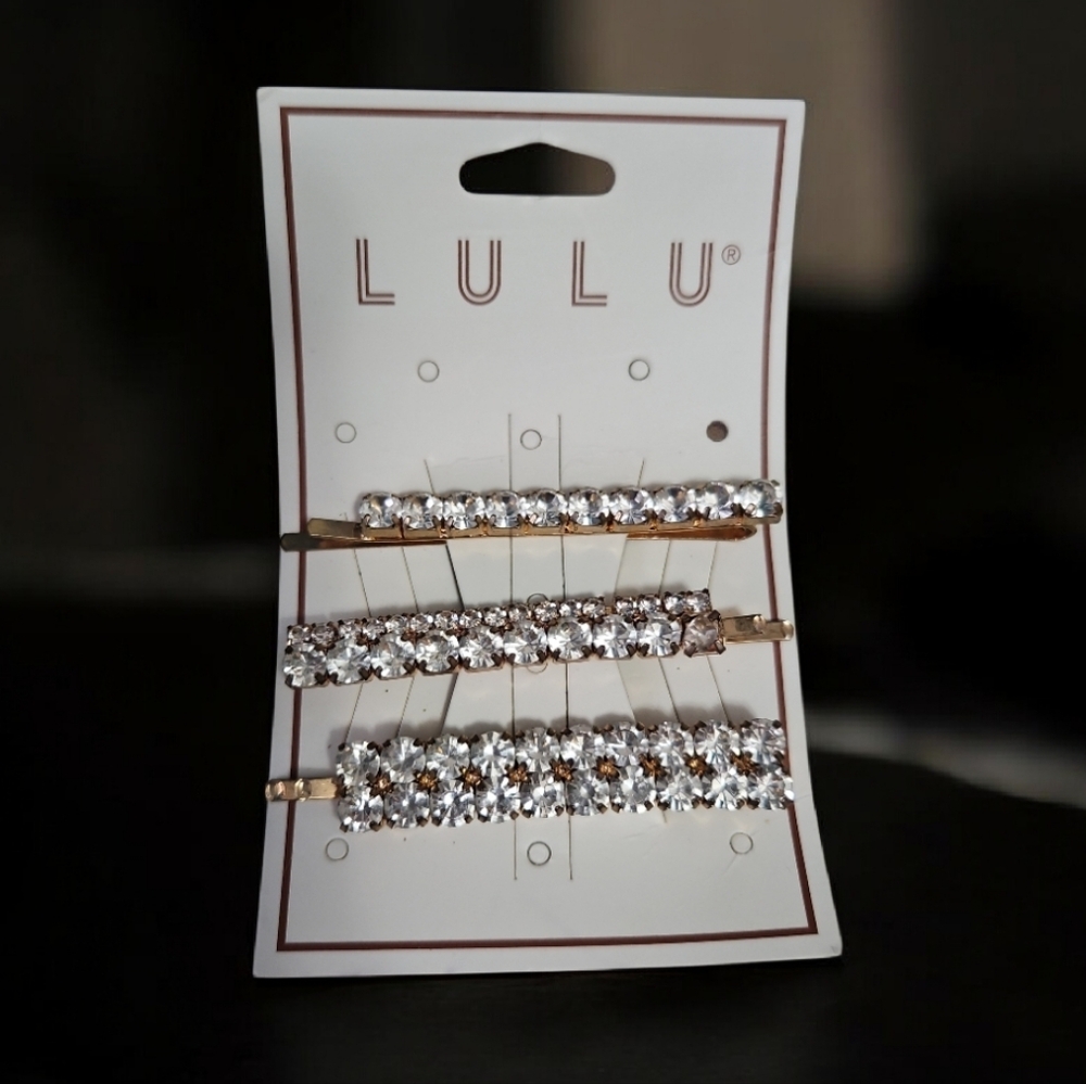 LULU Bobby Pins With Bling Set Of 3 NEW Gold W White Sapphires